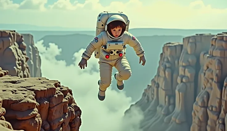    boy in a white NASA space suit without a helmet, wearing gloves and white boots  .   The boy is jumping over a cliff  .   Cinematic image from a movie   