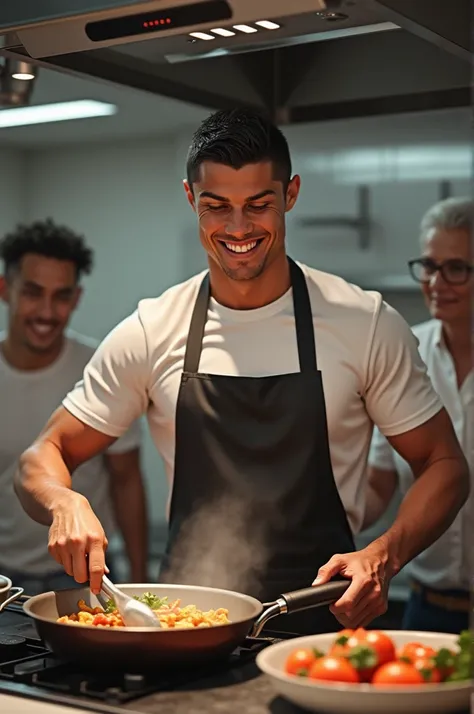 "Generated a hyper realistic image of Ronaldo is cooking in the kitchen, View Front look, pan in hand and Khunti is cooking with attention and smile. And Massi and Neymar are standing next to them and smilingly tasting the food."