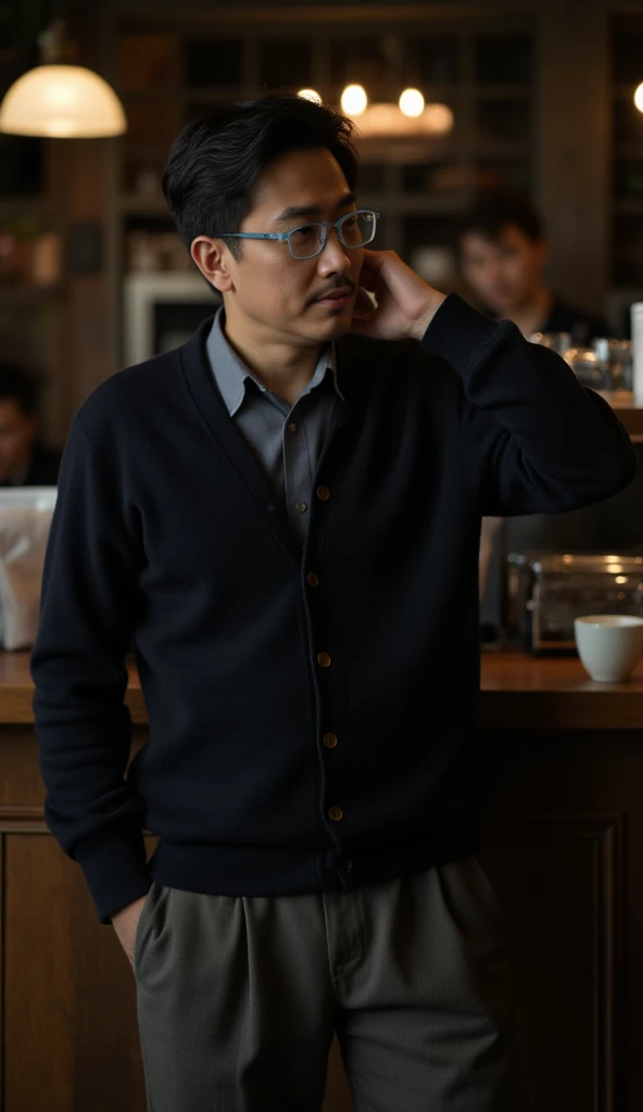 Mr. Hyunh is of Vietnamese ethnicity, with black hair slicked to the side and light blue square glasses. He also has a pencil-thin mustache. Clothing: a dark cardigan over a collared shirt, with pleated trousers and loafers. Background: a quiet, dimly lit ...