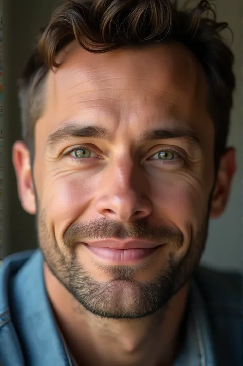 Create a close-up portrait of a man with a slightly stronger jawline, well-defined facial features, and a warm, confident expression. Smooth out any skin imperfections while keeping a natural look, and add a subtle touch of brightness to highlight the eyes...