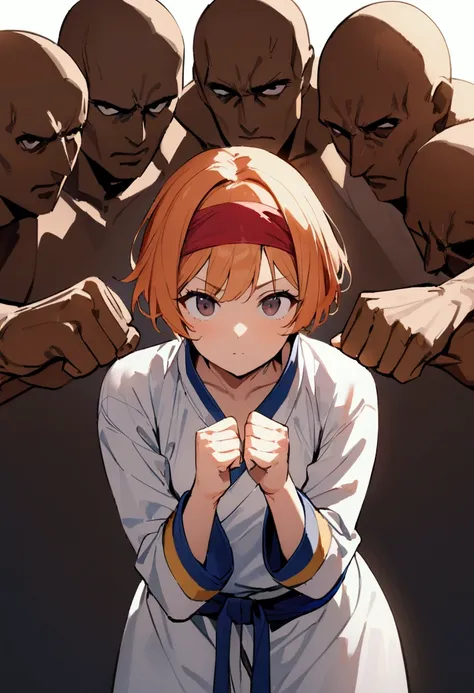 ((alone))、 girl、Small breasts、 orange hair holding、 short hair 、Dark Eyes、(Wearing a judo uniform)、((Facing forward))、(The fists of both hands are stuck together)、 Red Headband、(( masterpiece))、 high definition、 high resolution on down、Thick Coating、White ...