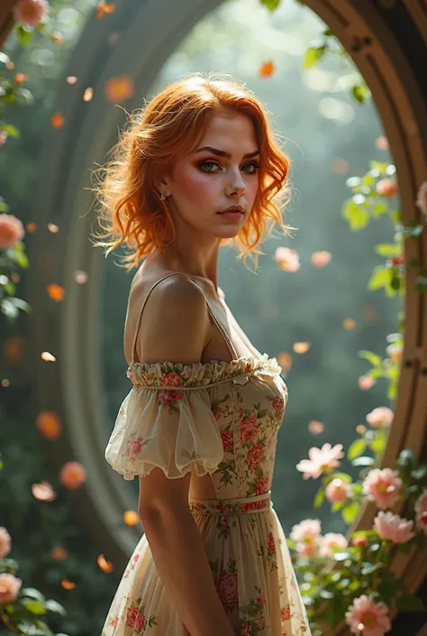 ultra realistic professional full body camera((( 
 a captivating ginger-haired lady standing gracefully in a garden inside a space station, surrounded by a cascade of falling flowers. She wears a vintage flowered dress that exudes sensuality and allure, hi...