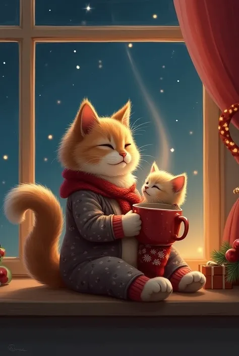 fluffy cat sits on windowsill with a warm mug of chocolate and wears Christmas pajamas, looks outside and sees a shooting star, looks upside and holding a kitten with knitted floral Christmas overall on her lap 