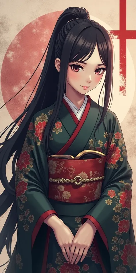 Create an image of a 20-year-old woman in a traditional kimono, with a mixed style of half photorealistic and half anime-inspired. She is in a side profile, showcasing her elegant kimono with intricate patterns and details. The woman has a slightly cynical...