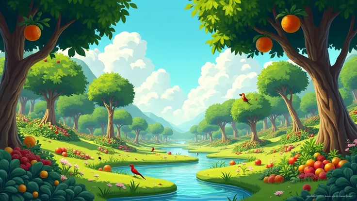 pixar anime style:  
Create an image of a lush, verdant garden in Jannah (paradise). Include rivers of milk, honey, and wine flowing through the garden. The trees are heavily laden with fruits of all kinds, each more beautiful and bountiful than the other....