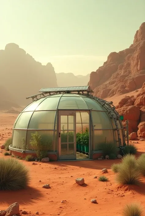  creates the image of a round greenhouse with the door closed,with solar panels on the side of the greenhouse ,  with the automatic irrigation system visible with attached water reservoir, In the Martian atmosphere DEAD ,  with plants only in the greenhous...