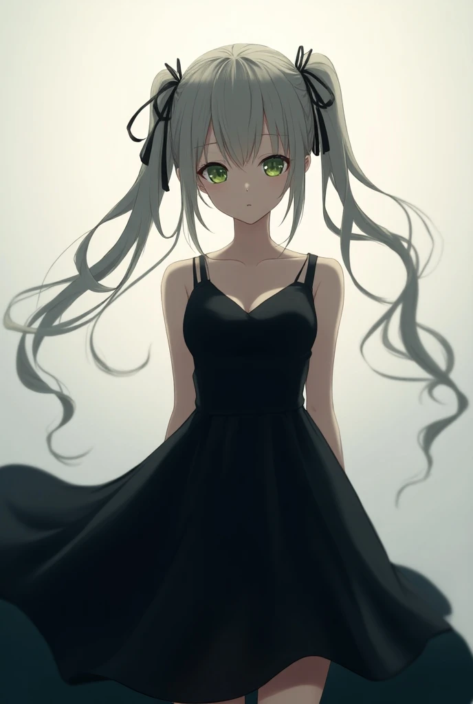 Anime girl with two long pigtails and green eyes clothes as black as a dress