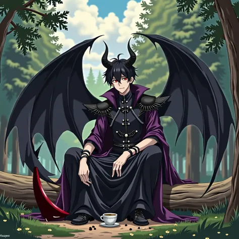 (adult male:1.2), (pale skin:1.1), (short black hair:1.05), (red eyes:1.1), (small smile:1.1), (huge demon wings:1.3), (demon black horn), (dark-purple Counts robe with black ornament:1.1), (cloudy day:1.2),  (sit on log:1.3), (cup of tea near:0.9), (pine ...