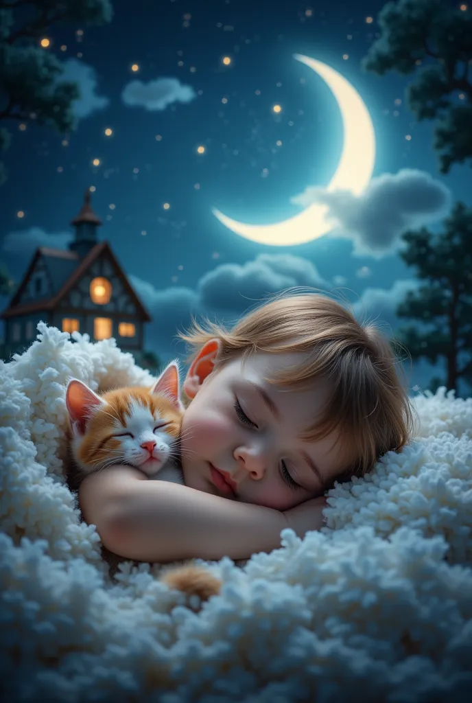 girl baby cuddles kitten, sleeping with eyes closed, fantasy, fantasy house, dream me, overcast night, crescent moon, stars, clo...