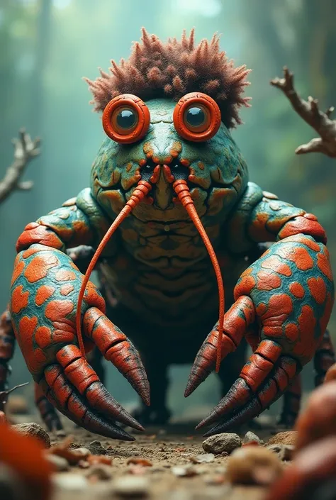 large humanoid lobster, round curly hair, round orange glasses , big claws,  blue-green and red skin