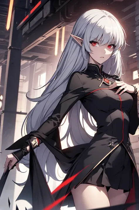 Alice,Vampire,gray hair,  long hair,  red eyes,  pointy ears , full height, skirt, black dress, (masterpiece:1.2),  best quality,  high resolution , обои unity 8k, ( illustration:0.8),  perfect lighting ,  extremely detailed CG , ( perfect anatomy )
