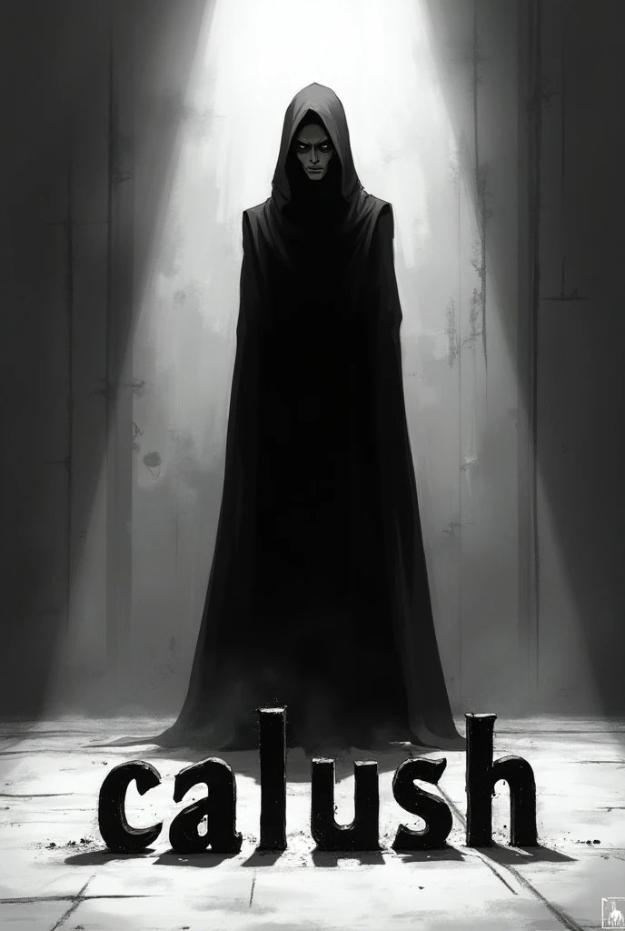 Take a picture from the anime with a creepy man Calush in black and white with Calush written in 3d on the floor 