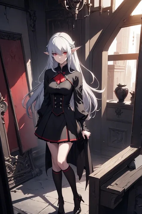 Alice,Vampire,gray hair,  long hair,  red eyes,  pointy ears , full height, skirt, black dress, (masterpiece:1.2),  best quality,  high resolution , обои unity 8k, ( illustration:0.8),  perfect lighting ,  extremely detailed CG , ( perfect anatomy )
