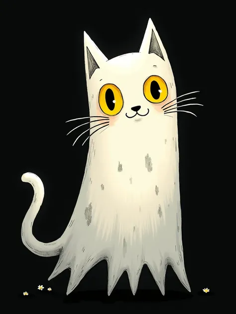 **A cartoon-style cat with a white body similar to a ghost**, featuring Three yellow “Eye That Sees Everything” with a black background" with black contours arranged and distributed irregularly on her face, transmitting a mysterious and somewhat hysterical...