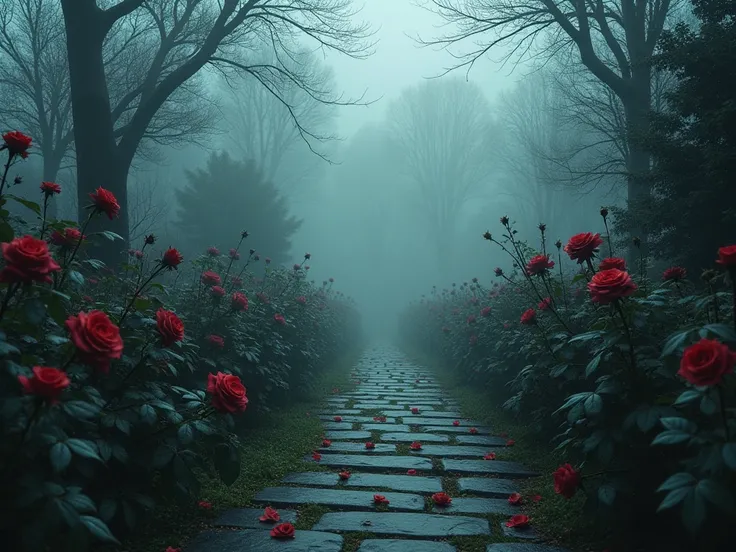 Stone Paths with wilted black rose garden and Gloomy Lighting