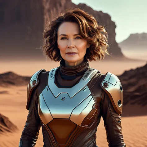 Beautiful middle-aged woman with wavy short brown hair, futuristic clothing, cyberpunk, Martian landscape, hyperrealistic, cinematic