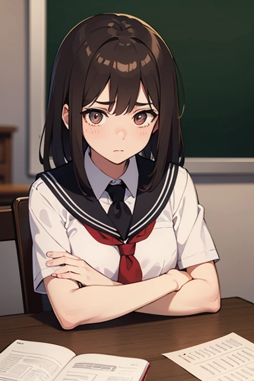  Schoolgirl in a class ,  with school uniform. ojos marrones,  brown hair and a worried expression as she looks at you.  She has a notebook on the table with hot drawings ,  that she tries to cover with her arms . She has a messy desk ,  with the material ...