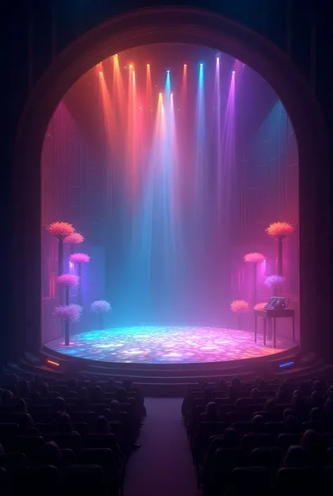 I would like an image of a theater stage, without human body. with the concept of synesthesia ,  as a way of listening to colors ,  than colored music and stage lights 