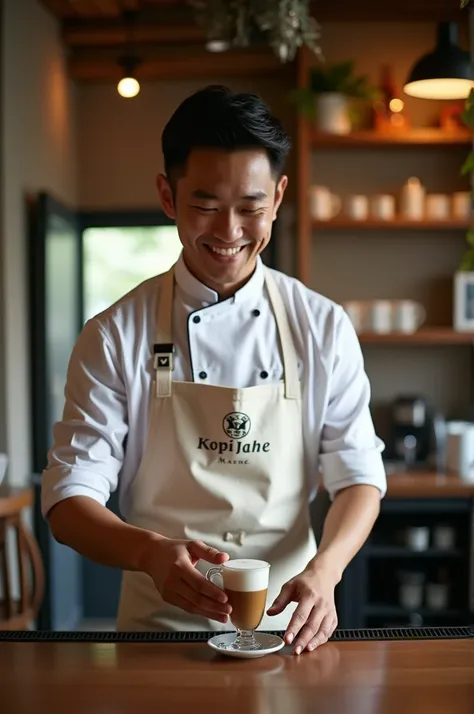 A Malaysia Man, 27 year, Make me a realistic and nice photo of a bartender making coffee with the apron with the name Kopi jahe on it