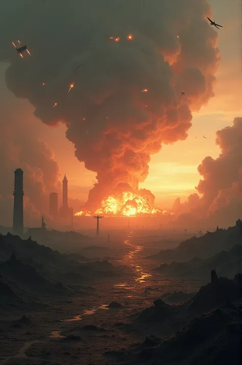  A devastating war with missiles in the air and nuclear explosions on the horizon, showing a desolate landscape .