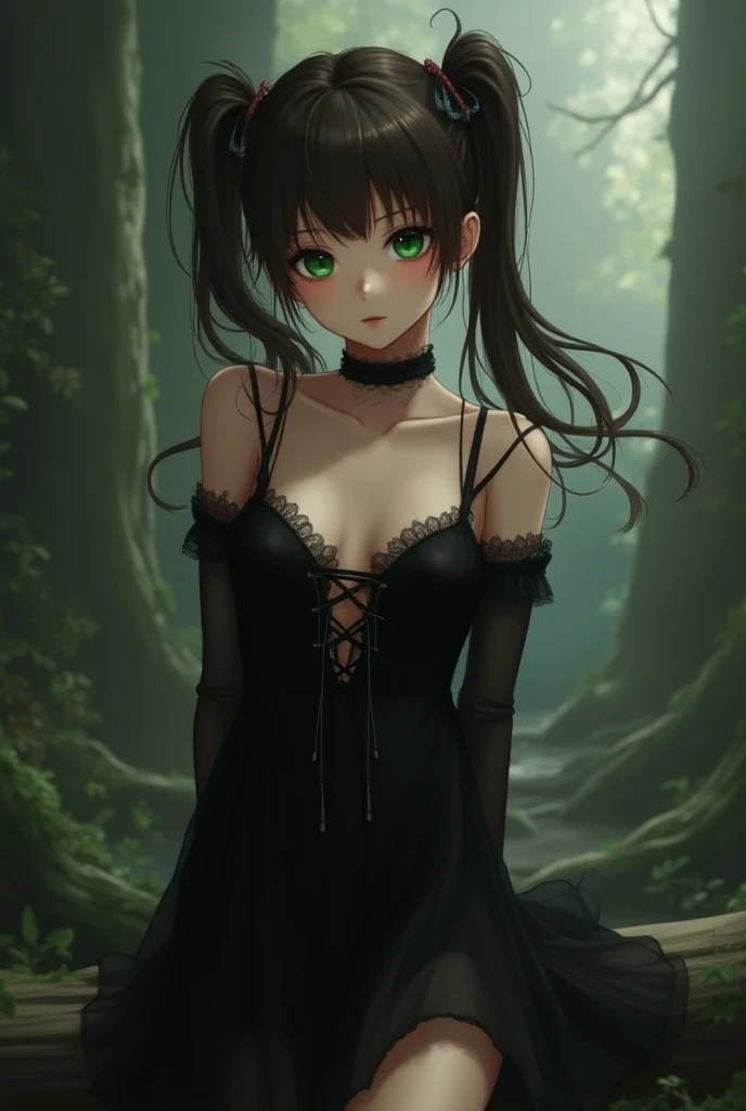 Anime girl cute brown hair two long tails ,dark black skin and dark green eyes and a black dress and a short blouse that shows the navel 