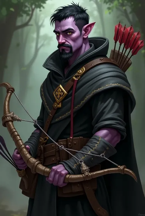 A Dungeons and Dragons tiefling with 1 ,70m tall and 75kg ,  with lilac-colored skin , short black hair,  goatee and black mustache , with yellow eyes,  with a slightly curved cipher at the tip wearing clerical robes holding a crossbow with light arrows