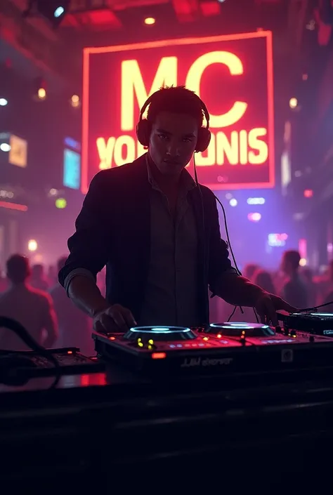 DJ logo with the name  ( the lord of the night) on a sign in the back of a nightclub and a sign in the yellow sky that says MC
