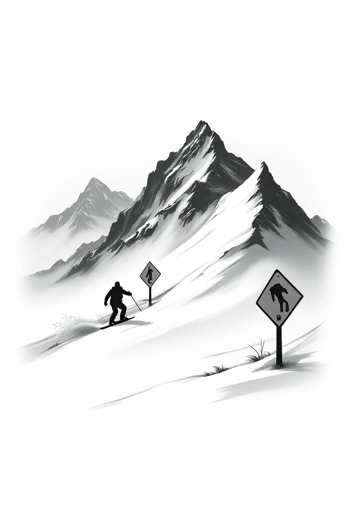 Black and white tattoo drawing，Snowy mountain skiing，Silhouette of a ski with road signs ， from the top of a snowy mountain was a snowboarder，The guy who skied 