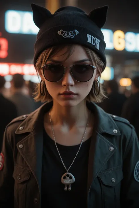 Close-up face 、 alternative girl 、 looking through black sunglasses 、 jacket、 necklace 、 neon light reflecting on the skin 、 earrings for a woman alone、Makeup、Skin imperfections、 short hair 、Beanie、Neon Light Background、Low lighting、 Depth of Field 、Advanc...