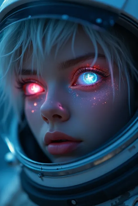  Close-up of an improved masterpiece:1.5)0.9], (Space and astronauts:1.2) ( Messy silver hair:1.1) (heterochromia: xanthochromia and blue eyes:1.2) (Space helmet:1.0) ( Colored stars in the eyes :1.0) (A radiant glow:1.1) ( Thick lips:0.9)