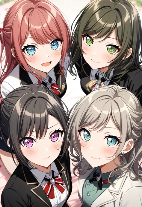 (3+girls, girls surrounding viewer, ), ( hetero, ), (romantic), (point of viewer), blazer, (bang dream style), 