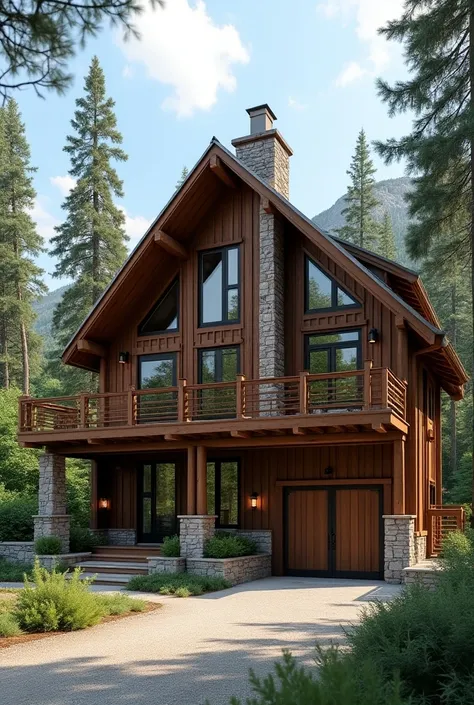  I want a cabin with a side entrance and large windows on the top, a garage and a terrace on the second level in the back  