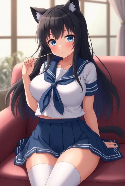 art anime, Young Nekomimi , mince, big boobs, cheveux longs noirs, blue eyes, Dressed in a sexy Sailor Fuku,  big white sock , full body, sofa background