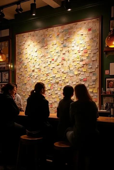 Thought wall in a bar with people and notes
