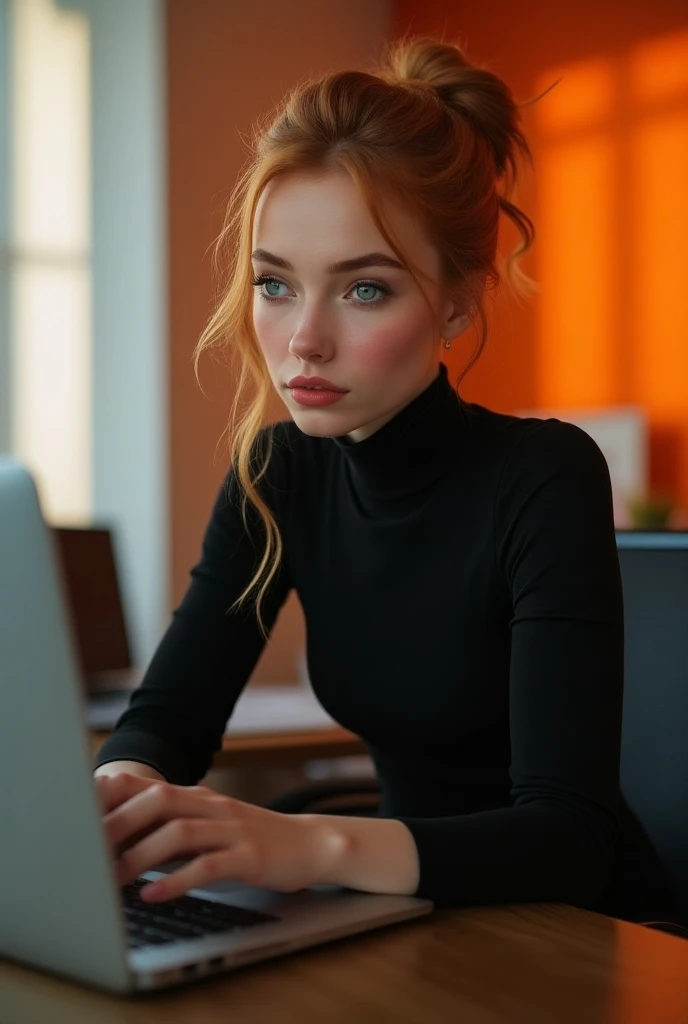 create image of a young white woman, long hair wavy orange ginger , in a messy bun ,shiny textured skin, blue eyes, medium lips with gloss, eyebrows done, red blush, wearing black turtleneck dress , long top shiny black boots  , sitting fiddling with a Mac...