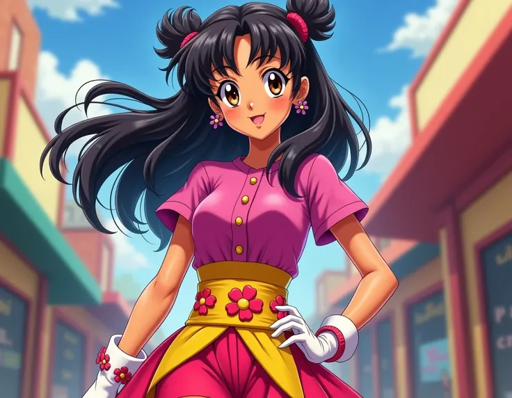 an anime girl with tanned skin, brown eyes, black hair with 2 curled sideburns, wearing a fuchsia shirt with short sleeves, a yellow belt with red flowers, a fuchsia and red skirt and white boots