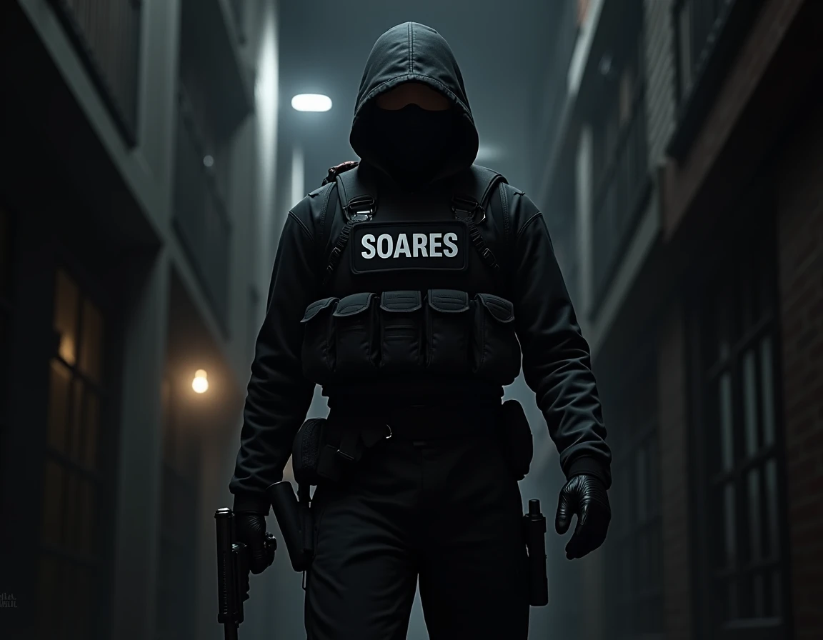   Assassin wearing a vest with the writing Soares, holding gun