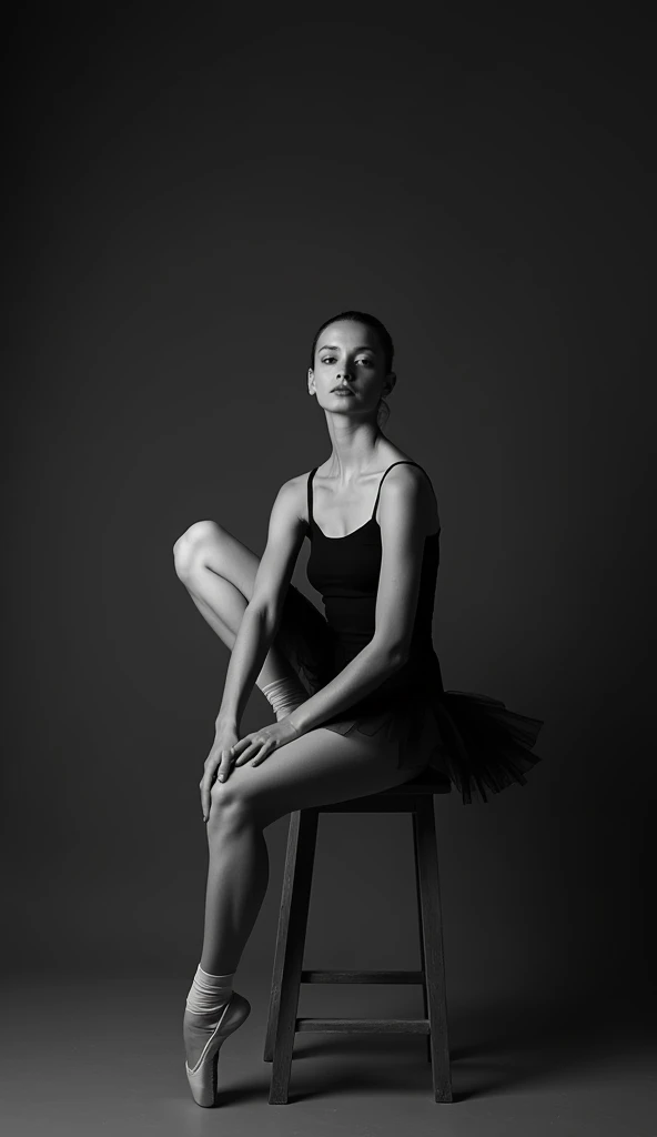 a black and white photo of a ballerina sitting on a stool, a portrait by Elizabeth Polunin, pixabay, arabesque, ballet pose, ballerina, pointe pose, ballet style pose, pointè pose, portrait of a ballerina, dark ballerina, tendu pose, ballet dancer, prima b...