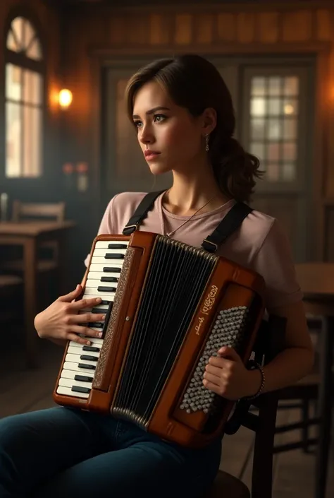 The model is seated and wears a button accordion hanging on her chest and is inside a saloon 