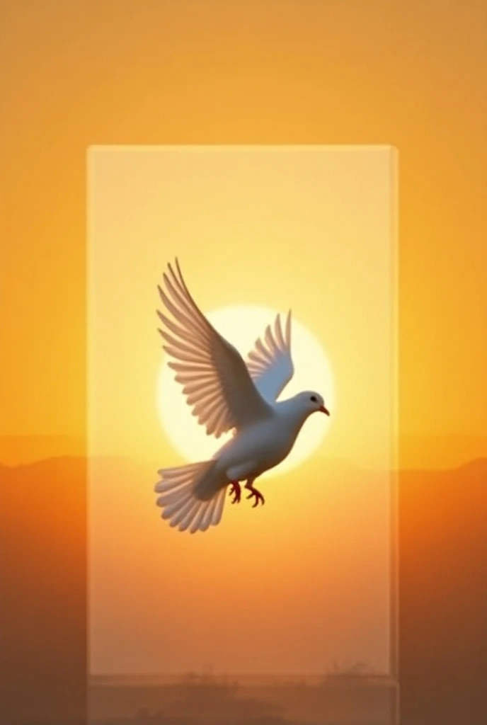 A white pigeon flying and behind a glass with the image of Jesus the orange sky with the sun on the back symbolizing confirmation 