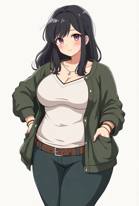 Curvy anime girl, overweight fat girl, pretty anime girl, beautiful chubby anime girl, big tummy, large breasts, wide hips, curvy butt, stomach rolls, stomach bump, fashionable, cool clothes, fun clothes, fashion, accessories, jacket, jewelry, bracelet, ea...