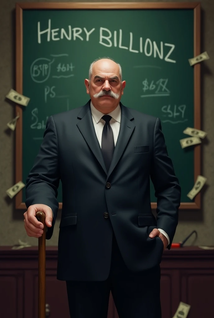 A man standing in front of a board with a cane pointing at a board written Henry billionz with money everywhere 