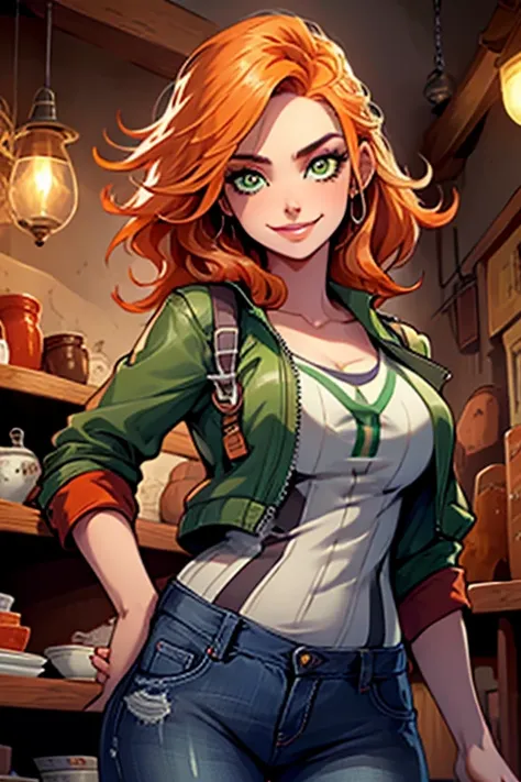 Perfect face. Perfect hands. An orange haired woman with green eyes and an hourglass figure in a leather jacket and jeans is smiling in an antique store