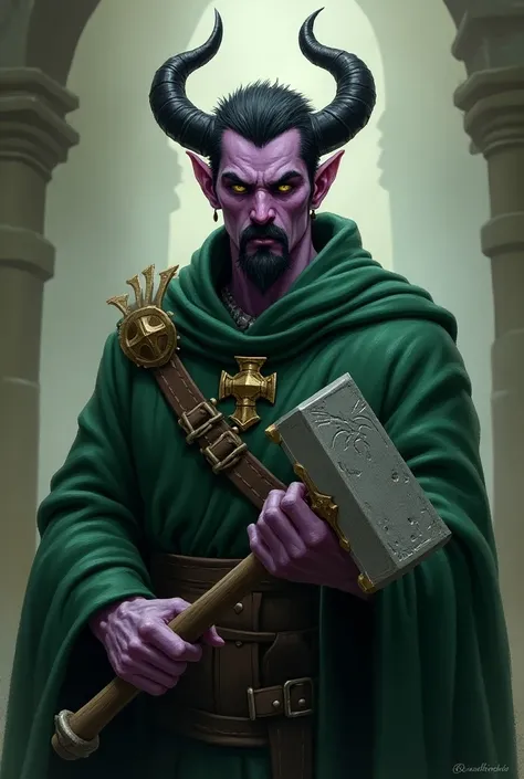 A Dungeons and Dragons tiefling with 1 ,70m tall and 75kg ,  with lilac-colored skin , short black hair,  goatee and black mustache , short horn with the tip curved backwards , with yellow eyes, wearing moss green clergyman robes holding a war hammer