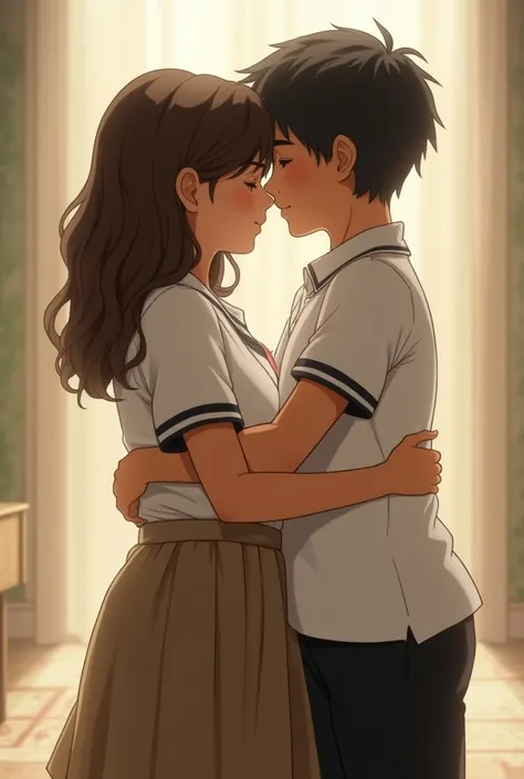   boy and girl from the Adventist school in uniform:  white polo shirt with black line on the hem of the sleeve ,  boy in pants and girl in khaki skirt , both embracing Jesus  