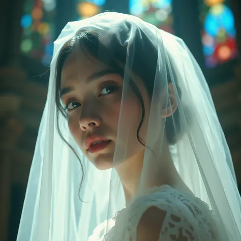 Ethereal and Haunting Live-Action VeiledFace from below, KAWAII Innocent Beauty Bride Wearing Veil on Full Face from Below,  Blurred Face Seen Through the Veil from below, The background wall to Dome Ceiling is Filled with Elaborate stained glass, {(Mystic...