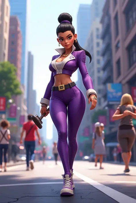 Bibi from Brawl Stars with her main model walking down the street with her club in her hand but looking like a real image