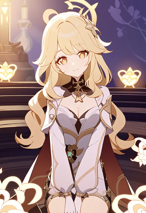 Create an original character from Genshin Impact. Give her long blonde wavy hair with bangs, big light honey eyes and big eyelashes. 
 She has a white with gold and light pink outfit star-themed, shorts with long cape from waist to ankles, long boots up to knees, off-the-shoulder, tight long sleeve, plunging neckline. Cute and sexy. 
She is very kind, and soft-hearted. Mature body. Slight head tilt, and smiles. In Genshin style. genshin impact style. 