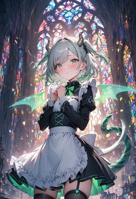 (masterpiece, best quality, ultra detailed, high resolution), (1 girl:1.3), long sleeve maid uniform:1.2, headband:1.2, cute face, (slant eyes:1.1, light green eyes), (short hair, silver hair, two side up:1.2, swept bangs), It has small silver rams horns g...