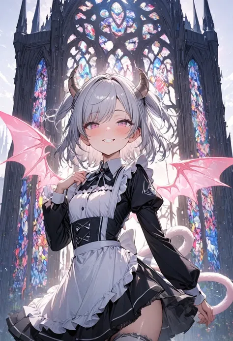 (masterpiece, best quality, ultra detailed, high resolution), (1 girl:1.3), long sleeve maid uniform:1.2, headband:1.2, cute face, (slant eyes:1.1, light pink eyes), (short hair, silver hair, two side up:1.2, swept bangs), It has small silver rams horns gr...